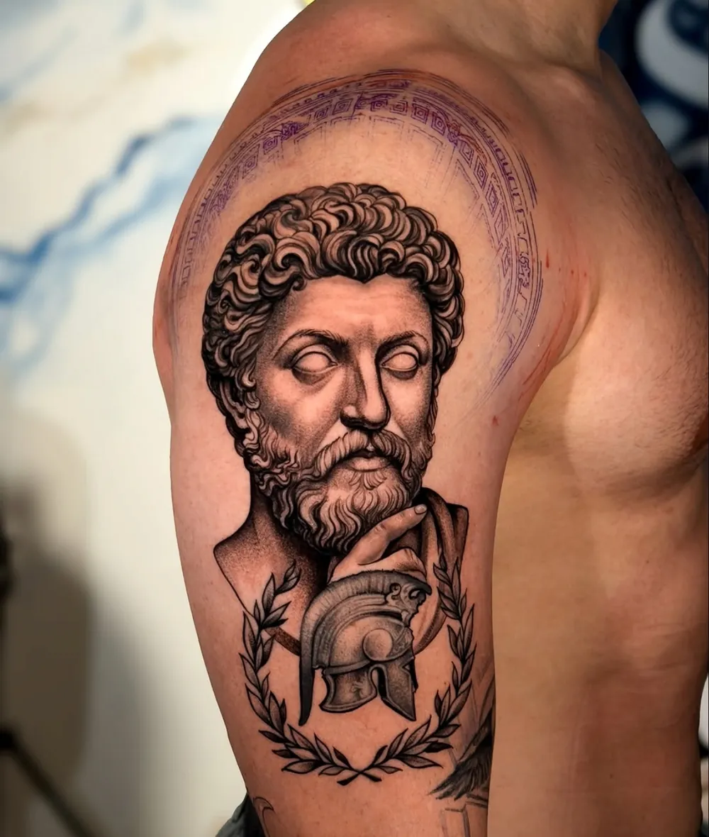 Tatuaje de realismo de un busto clásico con casco y corona de laurel, en el brazo